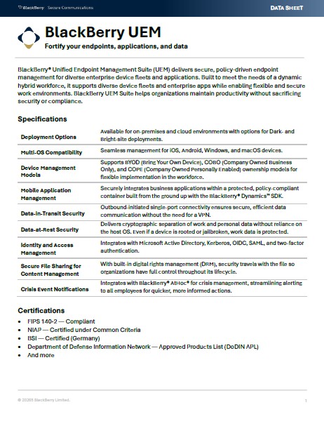 BlackBerry UEM Data Sheet Apr 2026