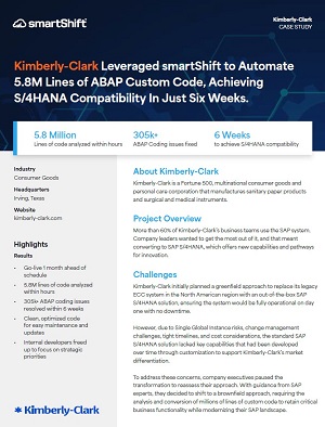 Kimberly-Clark Leveraged smartShift to Automate 5.8M Lines of ABAP Custom Code, Achieving S/4HANA Compatibility In Just Six Weeks.