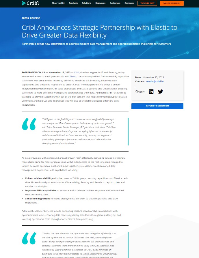 Cribl announces strategic partnership with Elastic to drive greater data flexibility press release: