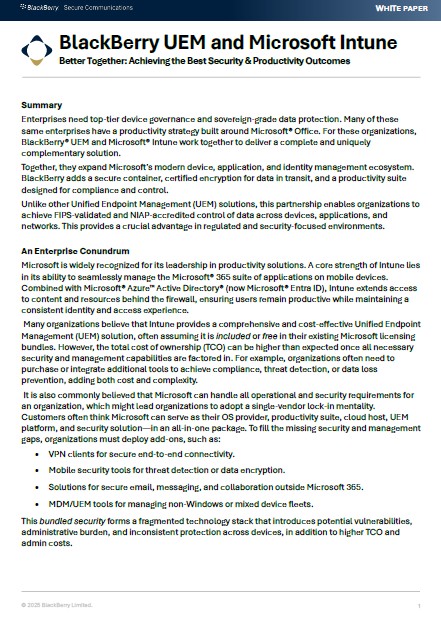 BlackBerry UEM and Microsoft Intune Better Together: Achieving the Best Security & Productivity Outcomes