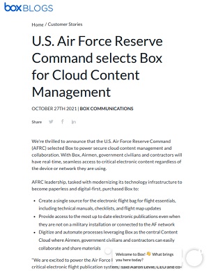 U.S. Air Force Reserve Command selects Box for Cloud Content Management