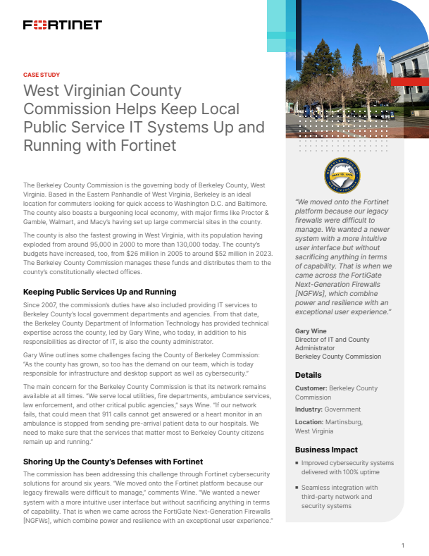 West Virginian County Commission Helps Keep Local Public Service IT Systems Up and Running With Fortinet