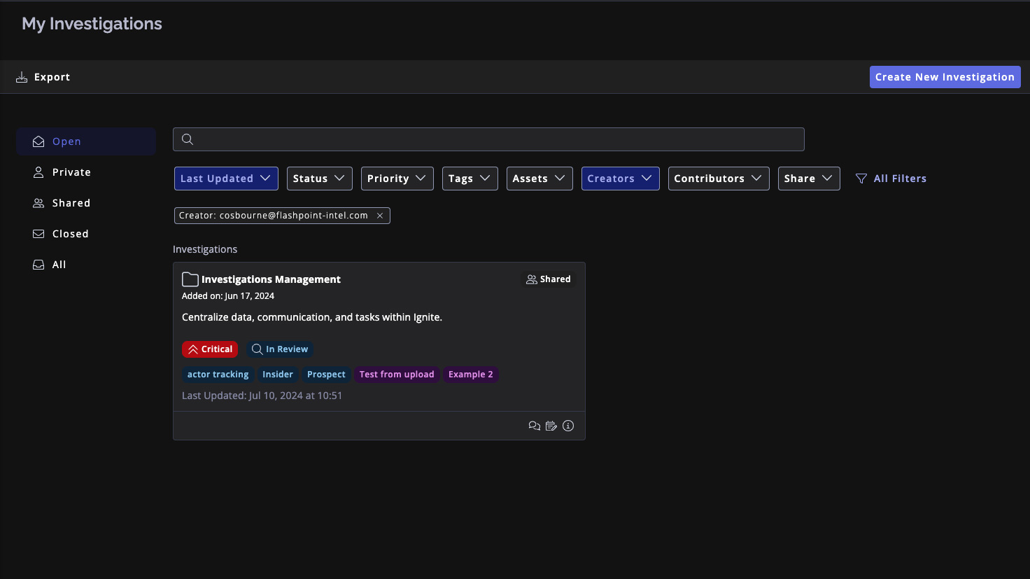 Investigations Management in Flashpoint Ignite