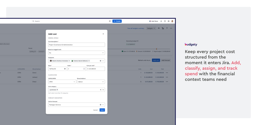 Cost input, classification, and tracking