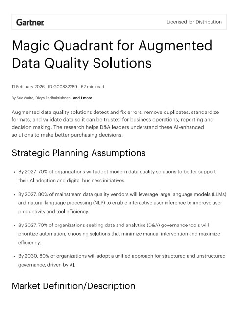 Magic Quadrant for Augmented Data Quality Solutions
