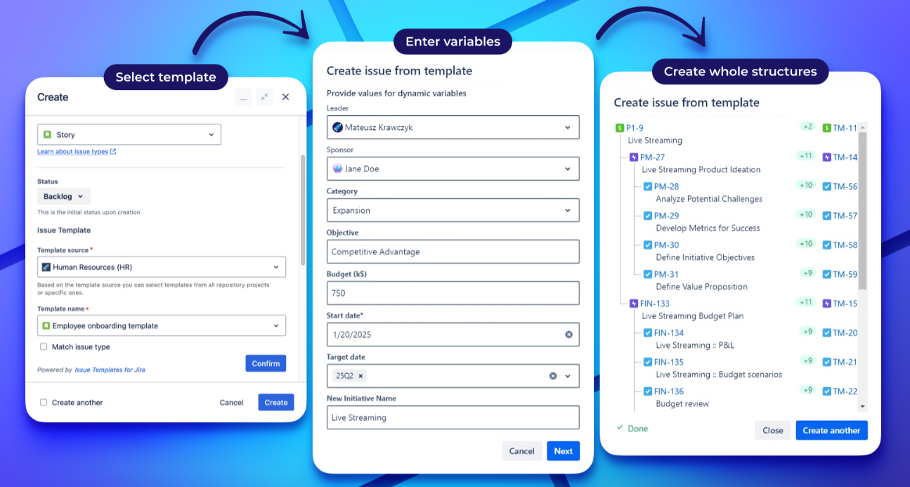 Create repetitive issues and complex issue structures in no time.