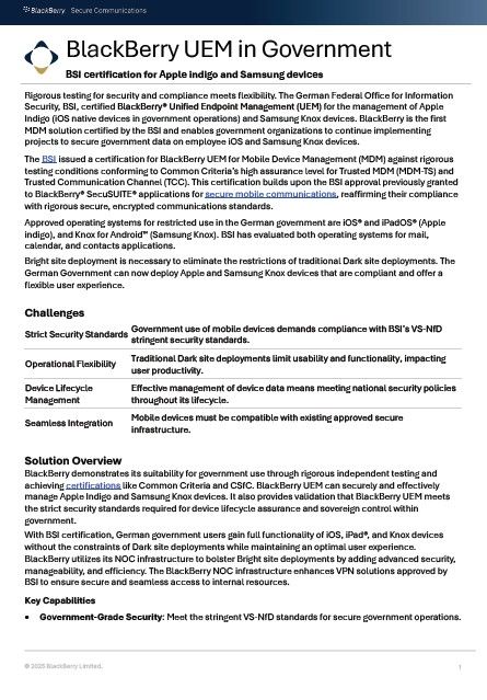 BlackBerry UEM: in Government BSI certification for Apple indigo and Samsung devices