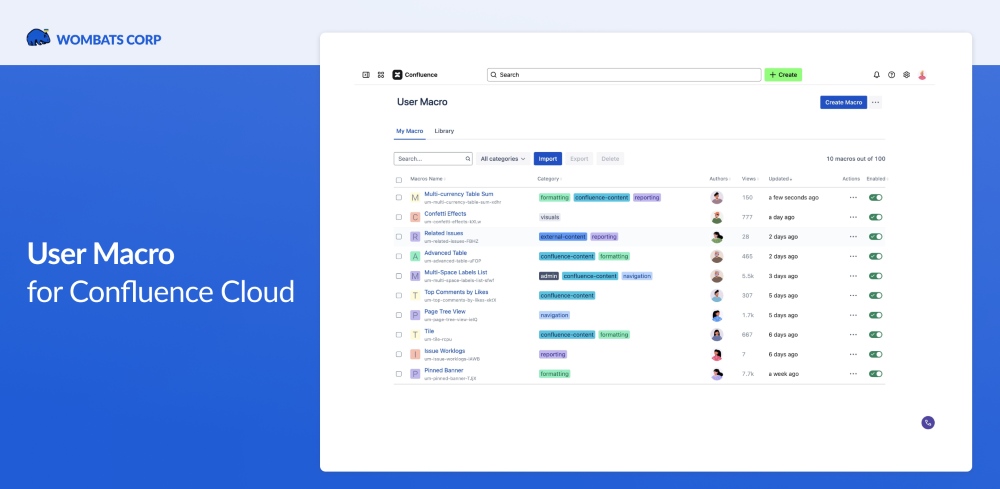 Wombats Corp - User Macro for Confluence Cloud